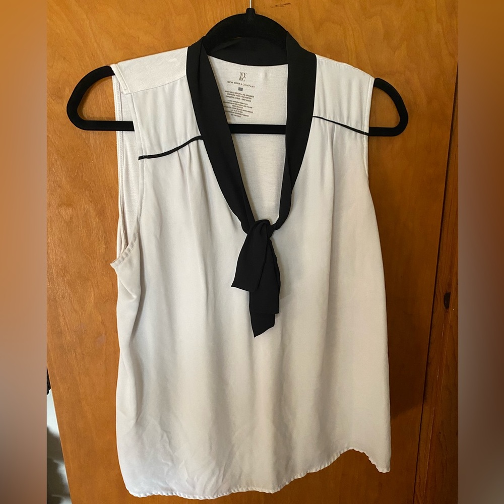 White & black tie-neck blouse